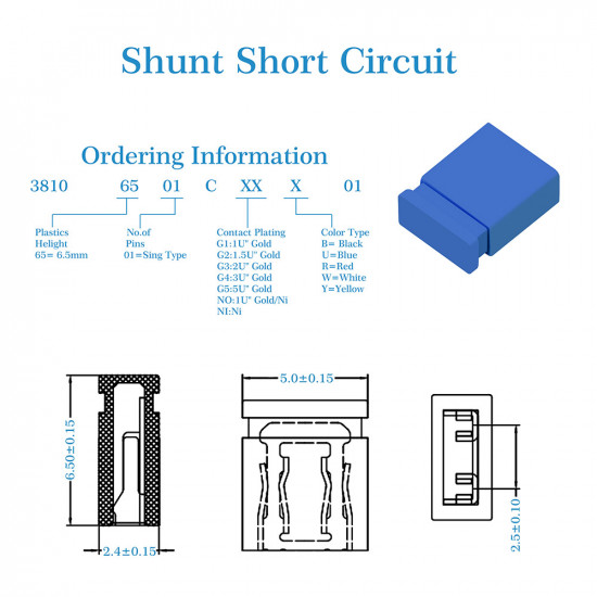 Standard Computer Jumper Caps Header Pin Shunt Short Circuit 2-Pin Connector Close Top 2.54mm-Blue