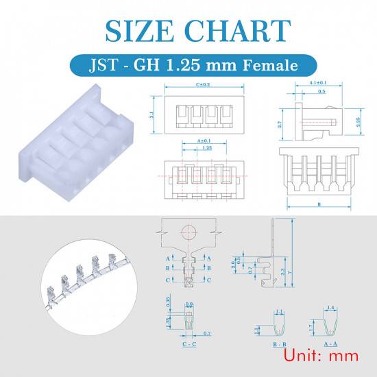 JST GH 1.25mm Pitch 5 Pin JST Connector Kit