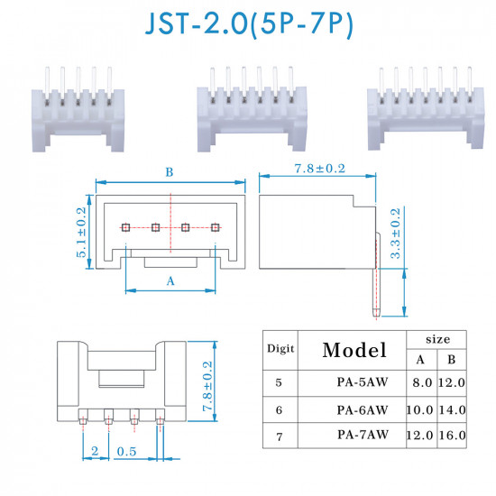 JST PA SMT - 5 / 6 / 7 Pin Connector Kit