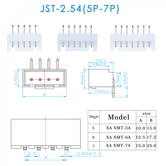 JST XA SMT - 5 / 6 / 7 Pin Connector Kit