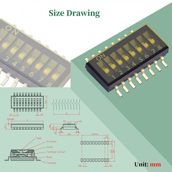 1.27 mm Pitch 8 Position / 16 Pin Dual Row SMT Patch DIP Switch