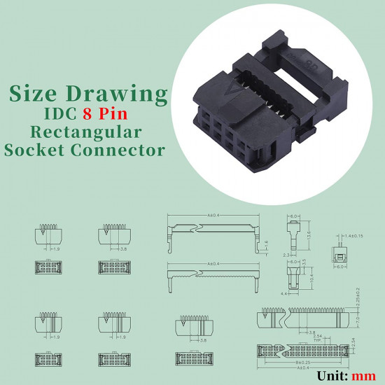 2.54 mm 2*4 Double Row 8 Pin IDC Rectangular Socket Connector FC Flat Female Terminal 3 Piece Set